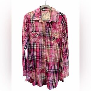 A Rare Bird Handmade Plaid Rhinestone Western Pearl Snap Shirt Dress Size M/L